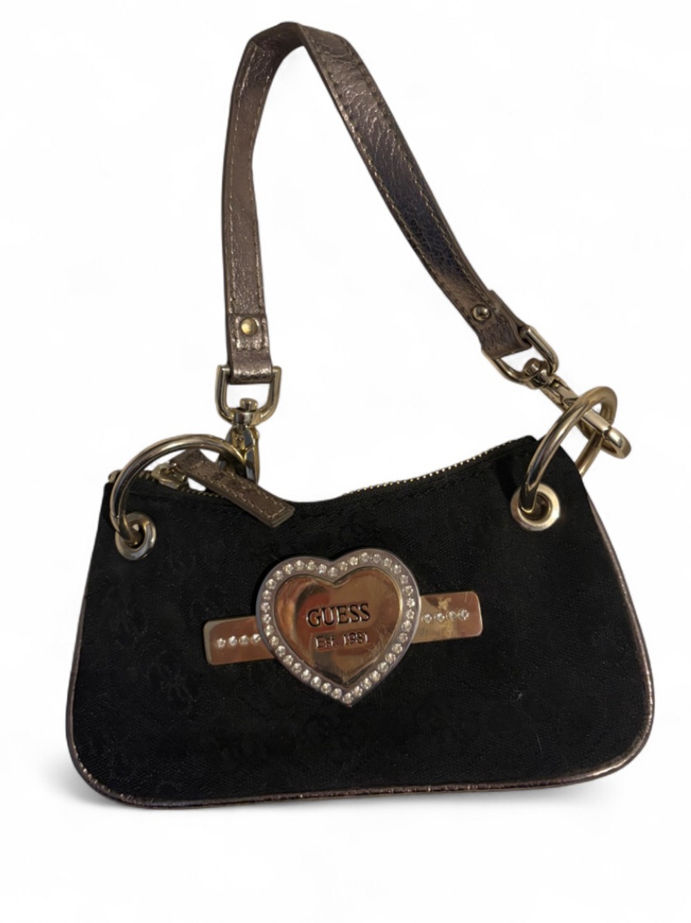 Guess Black Shoulder Bag with Heart Logo and Bronze Accents